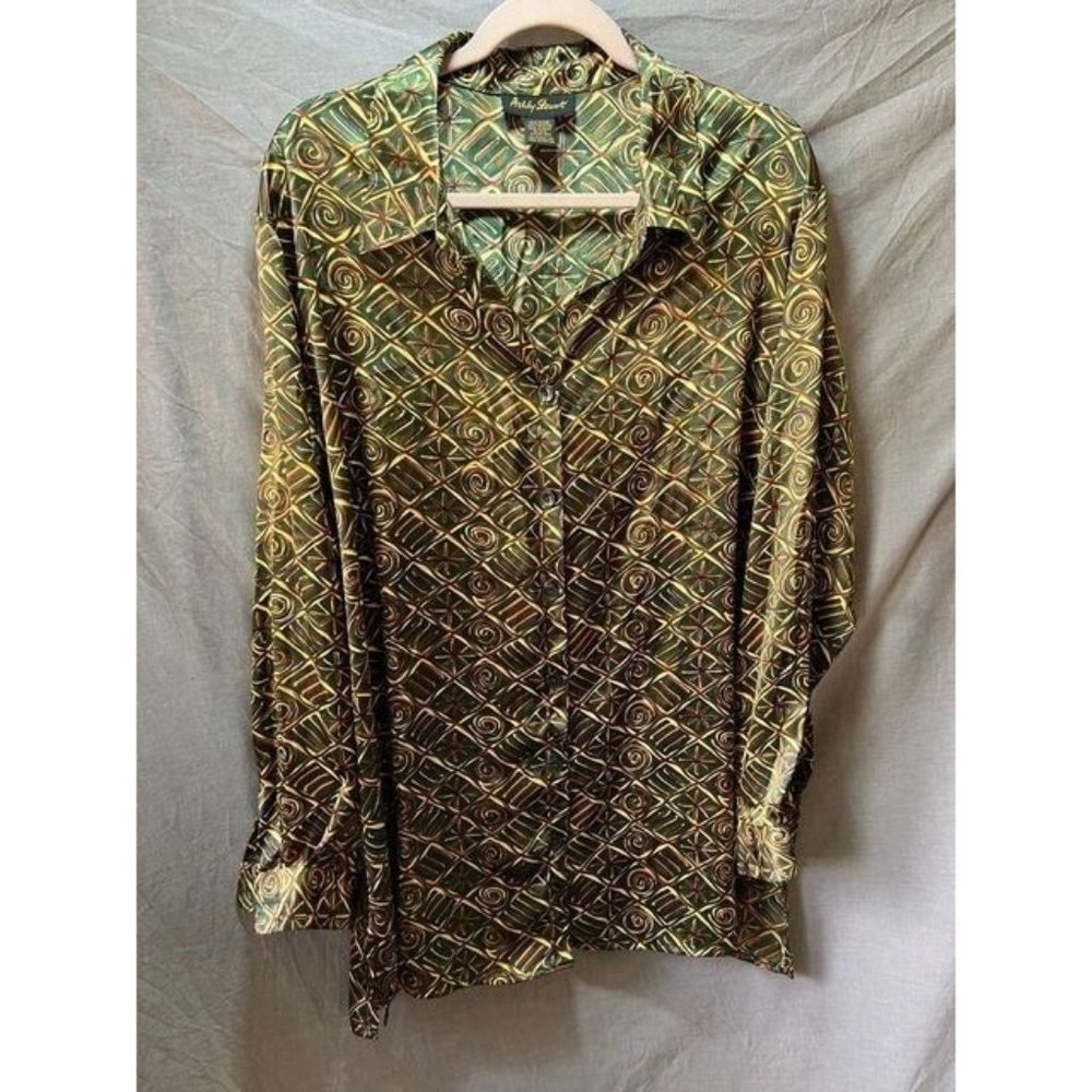 Ashley Stewart Button Up Shirt Womens 42/22W Green‎ Yellow Long Sleeve Ladies.